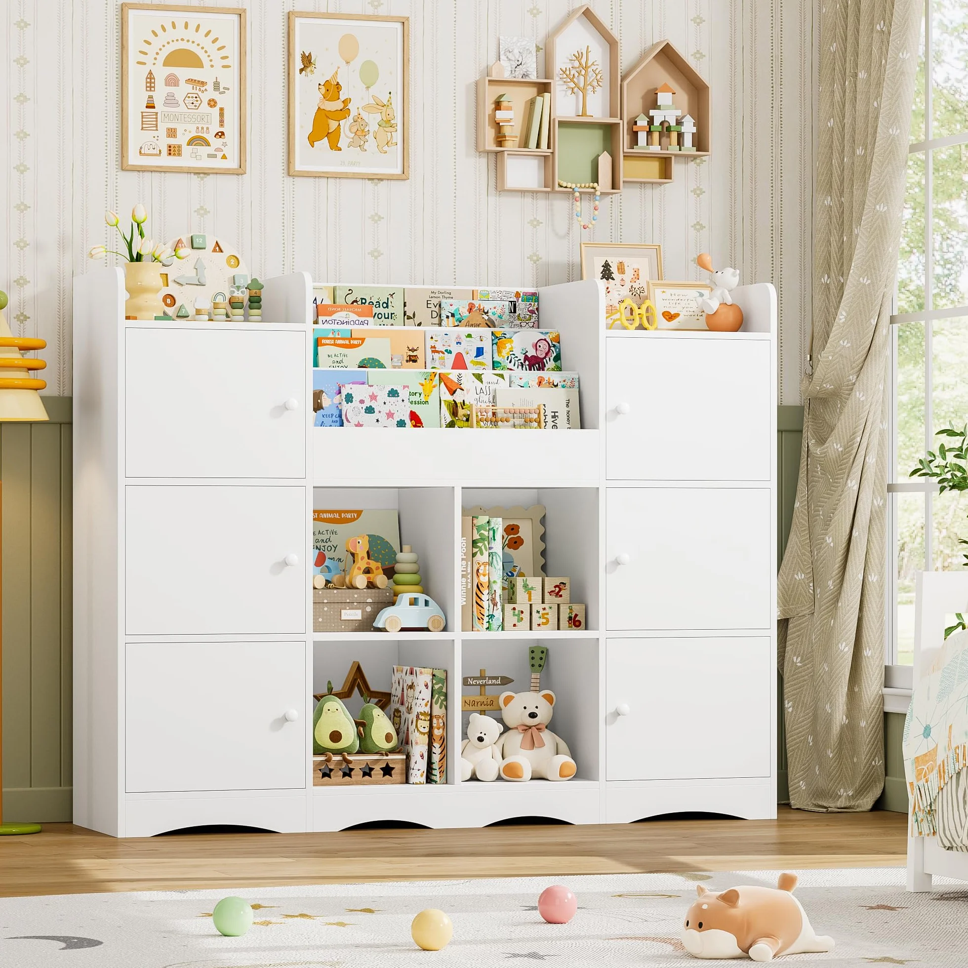 FOREHILL Organizador Juguetes, 6 Armarios con Puertas, Blanco | Estanteria Infantil, 6 Armarios con Puertas, 4 Estantes Abiertos para Dormitorios Guardería, 140x30x106cm
