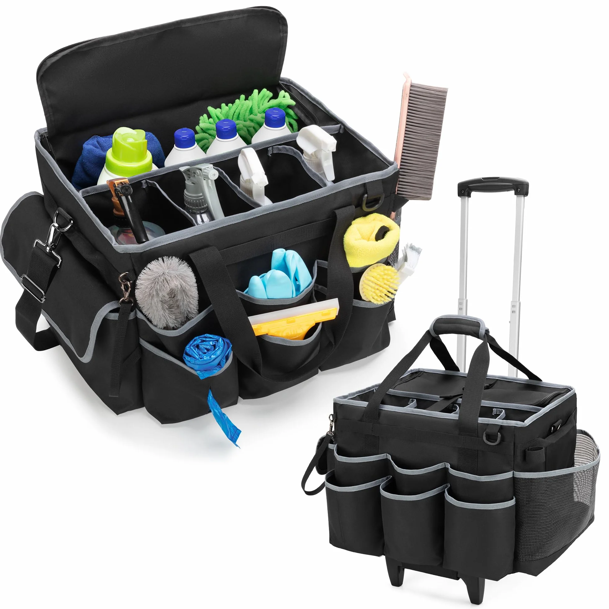 HODRANT Cesta Grande para Artículos de Limpieza (Solo la Bolsa) | Bolsa de Limpieza con Ruedas, Carrito Desmontable y Correa para El Hombro, Para Servicios de Limpieza y Lavado de Autos.
