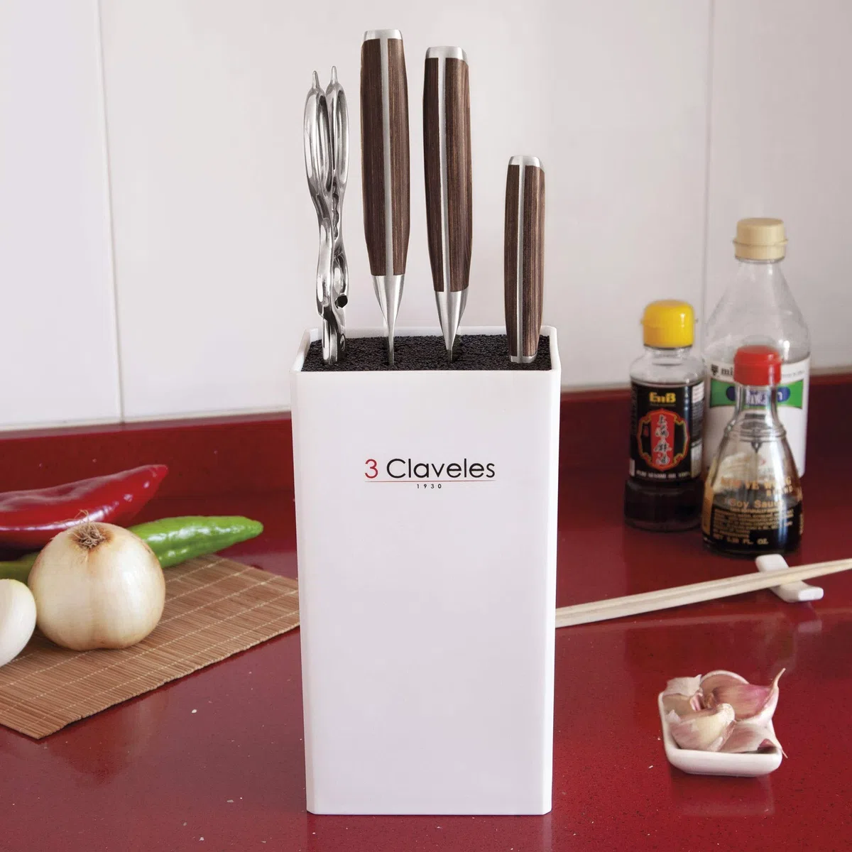 3 Claveles Juego de cuchillos de cocina profesionales de cocina de acero inoxidable + tijera de cocina con + taco de fibras, Juego 3 Cuchillos + Tijera + Taco KIMURA