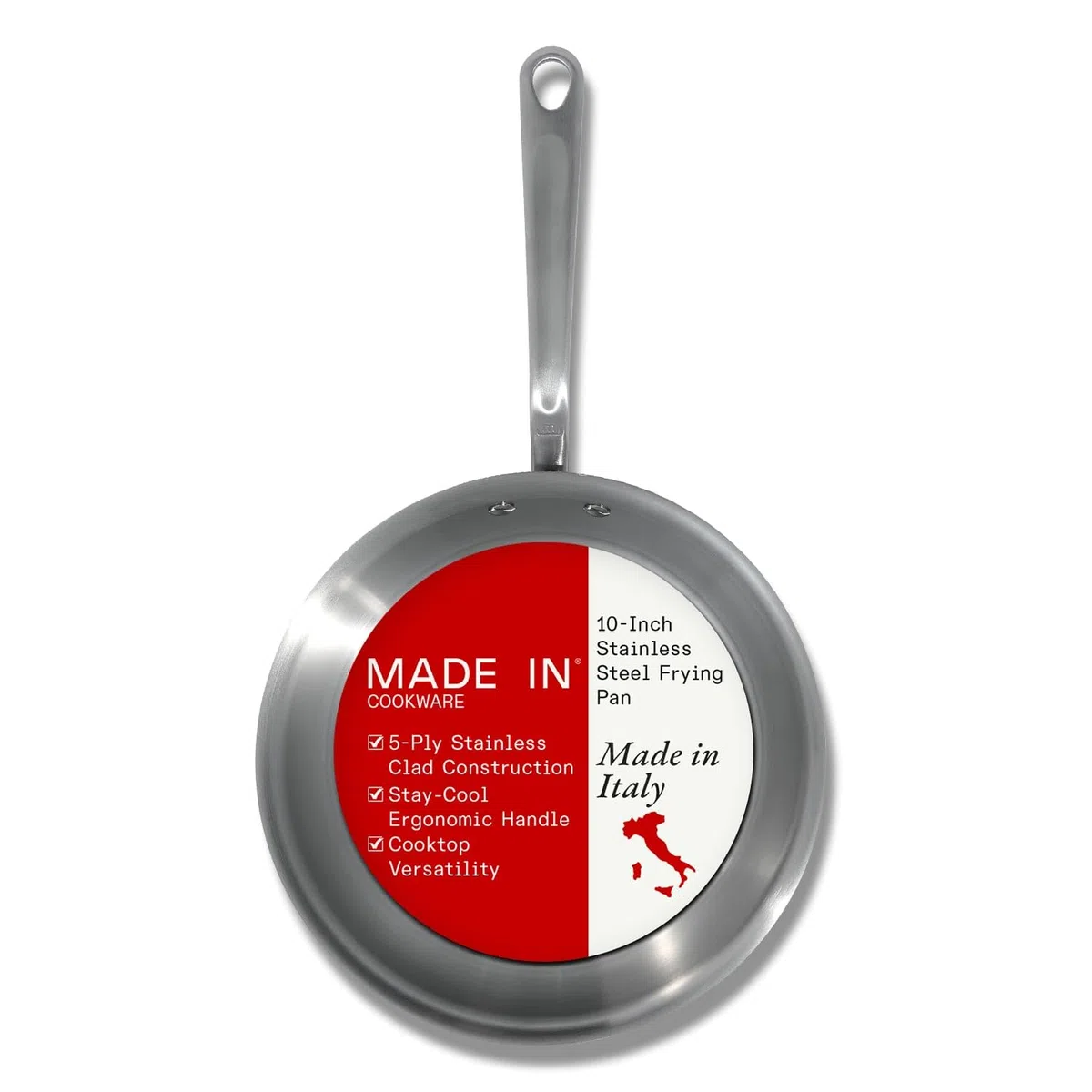 Made In Utensilios de cocina - Sartén de acero inoxidable de 10 pulgadas - Revestido de acero inoxidable de 5 capas - Utensilios de cocina profesionales Italia - Compatible con inducción