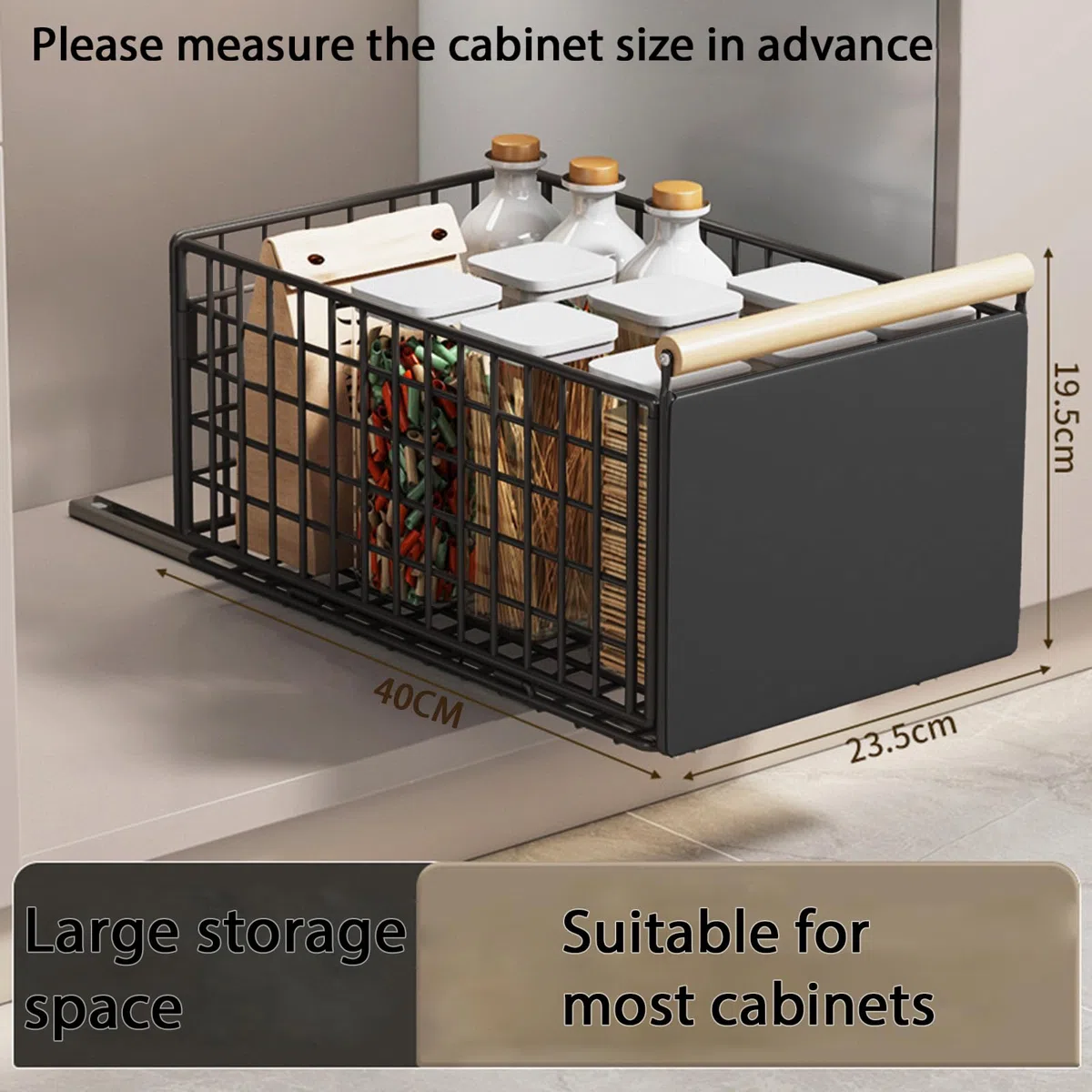 2 Piezas cajones extraibles para cocina, cajon extraible mueble más profundo con rieles para cajones y manija de madera, cajón extraíble de metal para gabinetes de cocina - 40 L x 24 W x 19,5 H CM