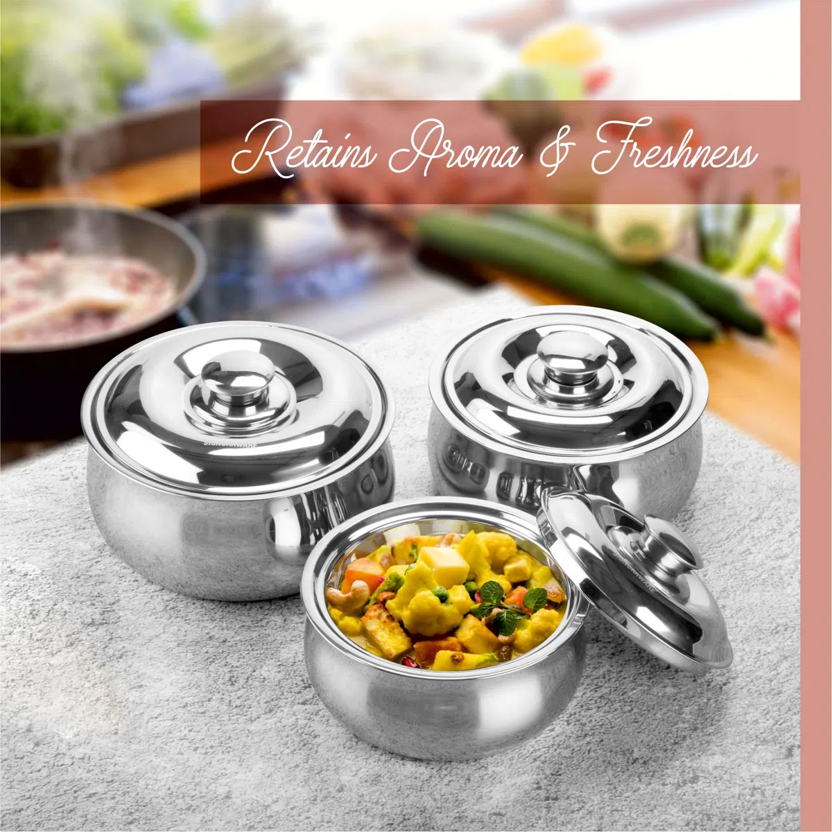 SIGNORA WARE Juego de 3 cazuelas grandes aisladas con tapa, calentador de alimentos de acero inoxidable, recipiente térmico para servir sopa/ensalada, recipiente de acero inoxidable, el mejor regalo