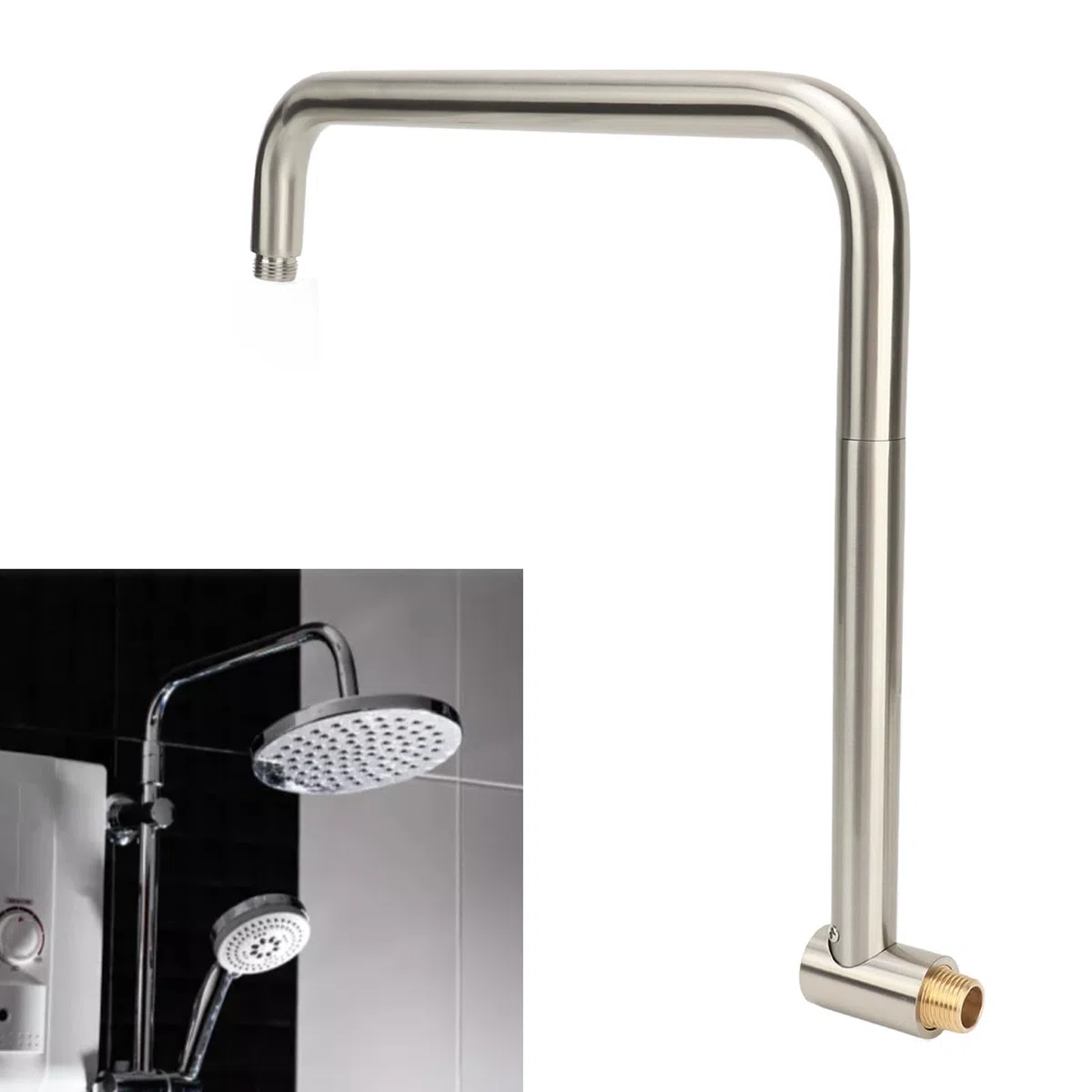 Extensor Ducha, Extensión de brazo de ducha giratorio en forma de S de acero inoxidable con brida, montaje en pared, elevador de cabezal de ducha ajustable, 360 grados, 33 cm, rosca G1/2 (Cepillado)
